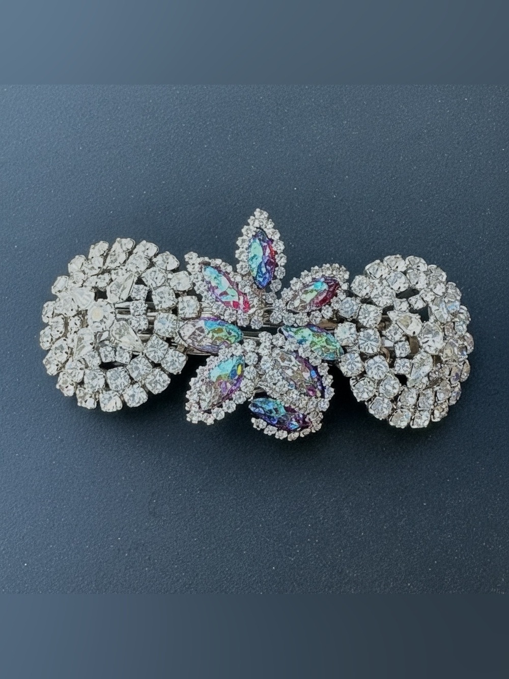 Vintage Made in France Aurora Borealis Rhinestone Hair Barrette Clip 3.5”